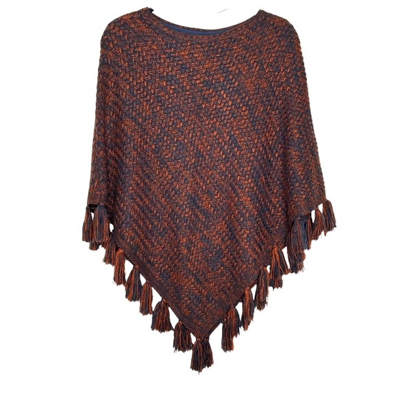 Style & Co Rust /Blue Woven Knit Poncho w/Long Tassel Hem Detail Sz S/M - Picture 2 of 9